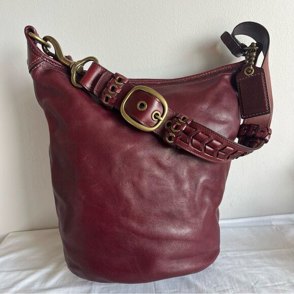 RARE | COACH Bleecker XL Bucket Duffle Legacy Tattlesall Maroon Hobo Bag 11423 - Picture 1 of 16
